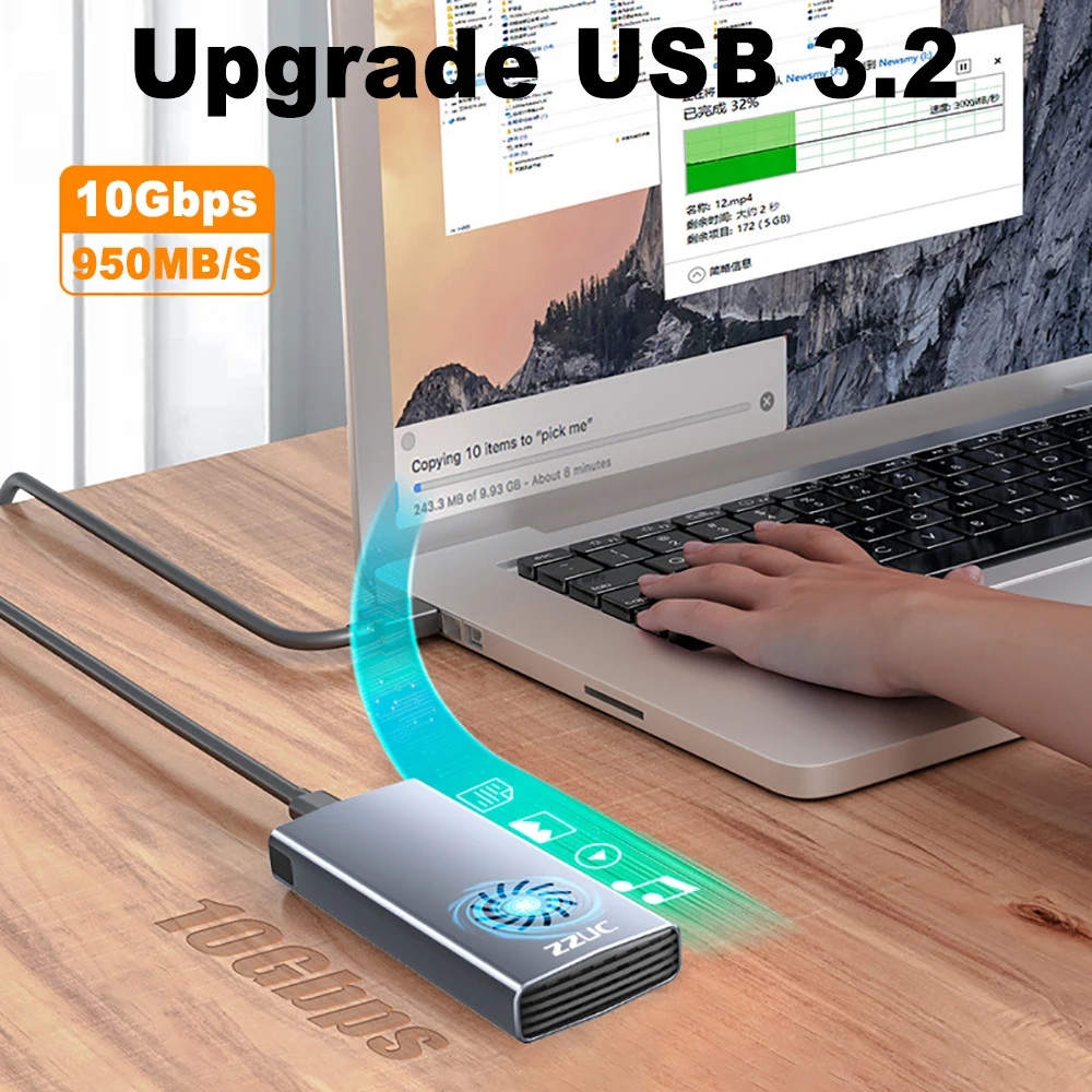 Caja de disco duro externo SSD M2 NVME de 10Gbps/20Gbps protocolo simple/doble M.2 SSD con ventilador de refrigeración compatible con llave M/llave B + M - imagen 2