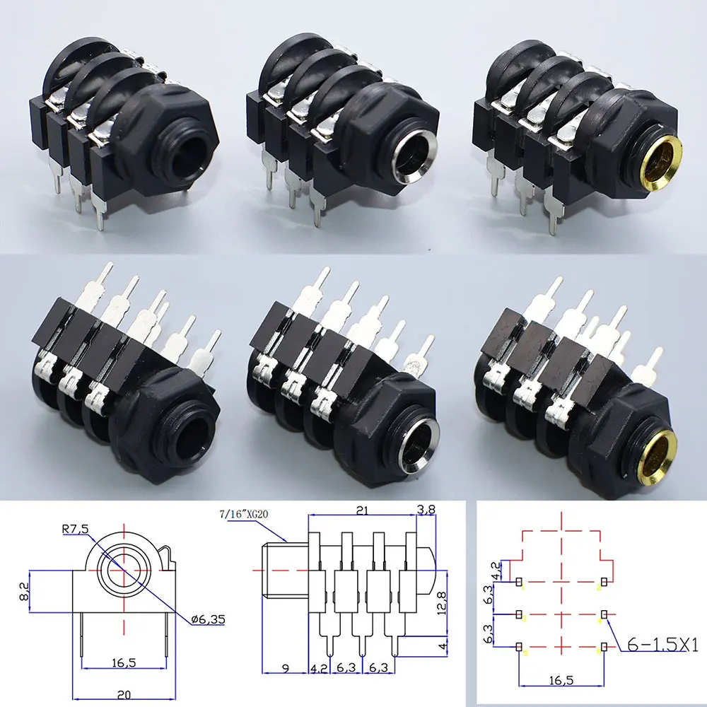 JCD 1/4 "6 pines 6,35mm enchufe de auriculares estéreo hembra enchufe de Audio 6,5mm conector de micrófono PCB conector de soldadura Pin corto largo - imagen 3