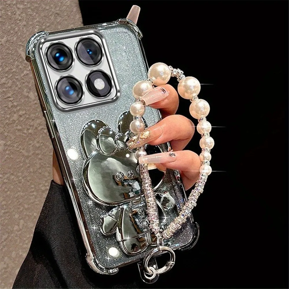 Funda de teléfono con soporte de conejo y espejo con pulsera de perlas para iPhone X XS Max XR 7 8 6 6S Plus SE 2020, funda de silicona suave a prueba de golpes con purpurina - imagen 4