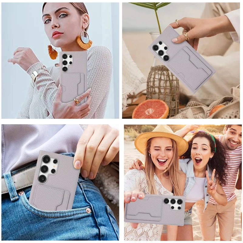 Funda de lujo de Color sólido para teléfono Samsung S25 Ultra Edge S23 S22 S24 Ultra Plus con ranura para tarjeta tipo billetera izquierda y derecha - imagen 5