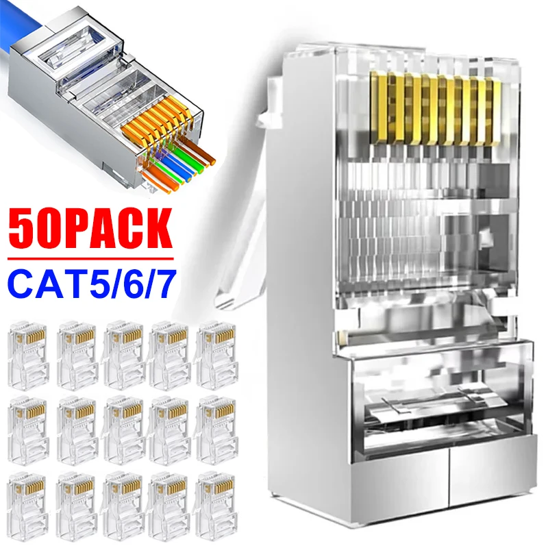 1-50 Uds paso a través de conectores blindados RJ45 Cat7/Cat6/Cat5 extremo de cristal chapado en oro 8P8C engarzado UTP Ethernet enchufe Modular