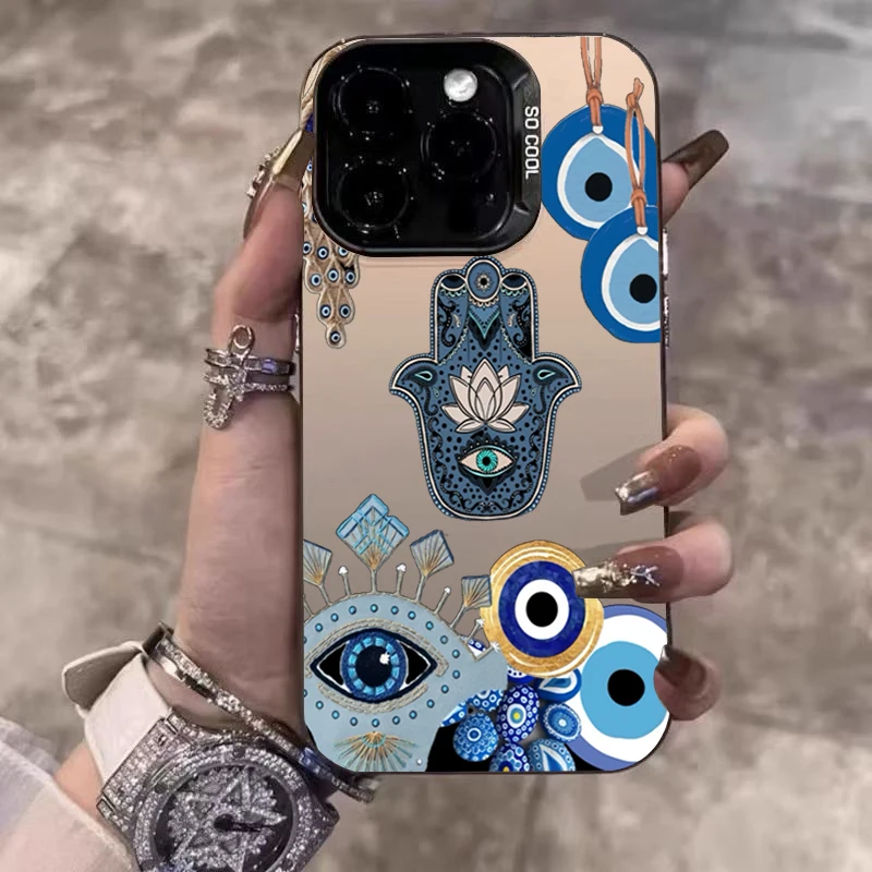 Funda de teléfono IMD plateada galvanizada con grafiti de ojo de palma negro para iPhone 11 12 13 14 15 16 Pro Max 16E 7 8 Plus X XS XR SE
