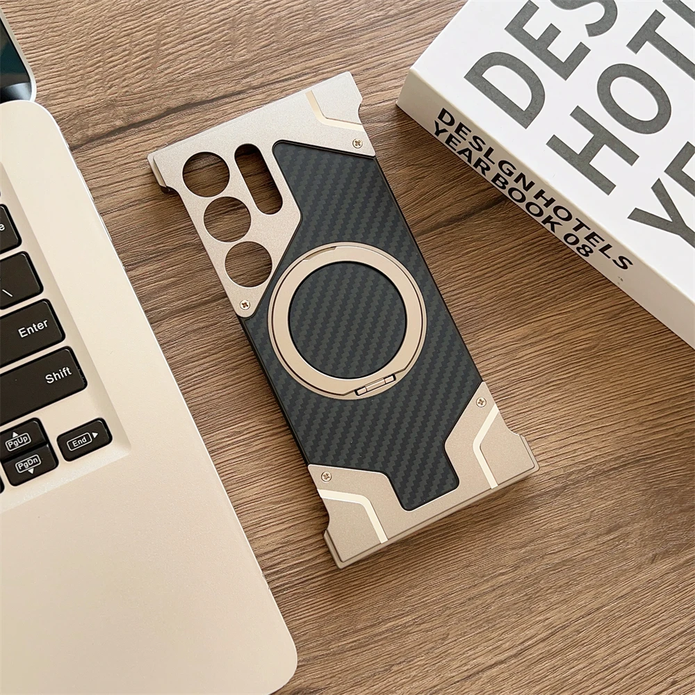 Funda de teléfono con soporte magnético con marco de aleación de aluminio para Samsung Galaxy S25 S24 S22 S23, cubierta de parachoques con marco de Metal de fibra de carbono Ultra - imagen 4