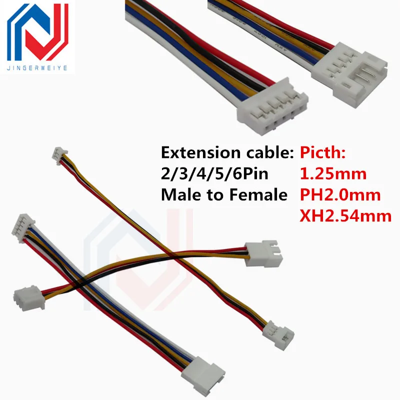 5 uds JST 1,25mm PH2.0 XH2.54 línea de extensión 2/3/4/5/6/Pin PH 2,0mm XH2.54MM conector macho a hembra con Cable 10/20/30CM 26AWG