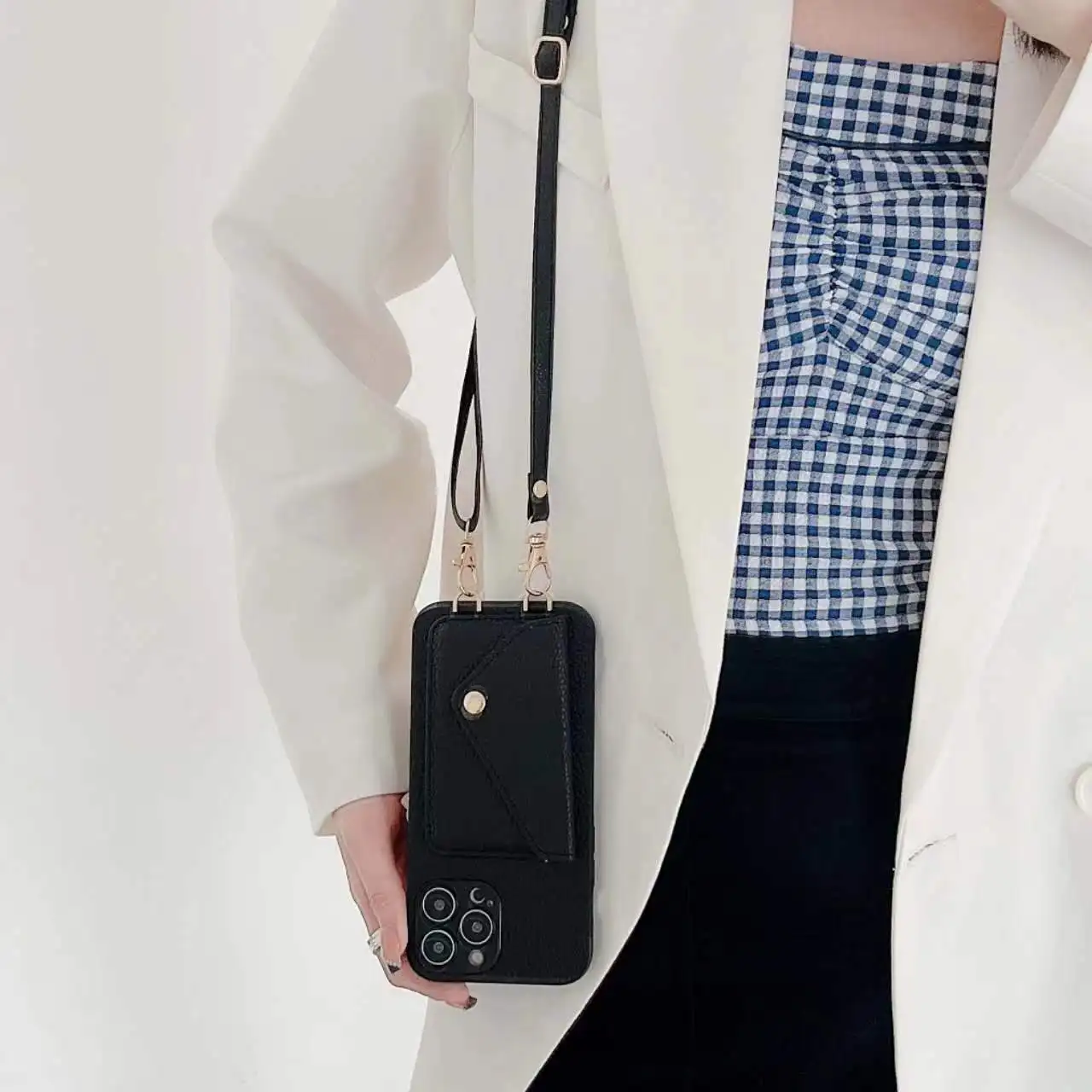 Funda trasera con correa de cuero para IPhone, carcasa cruzada con bolsillo para tarjetas, 15 Pro Max, 11, 12, 13, 14 Pro Max, X, XR, XS Max, 7, 8 Plus - imagen 3