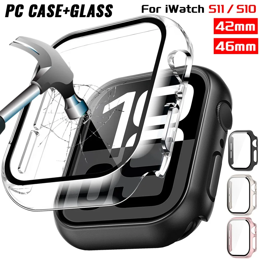 Vidrio templado + cubierta para Apple Watch Series 11 10 42mm 46mm Protector de pantalla para reloj inteligente funda protectora de PC dura para iWatch S 11
