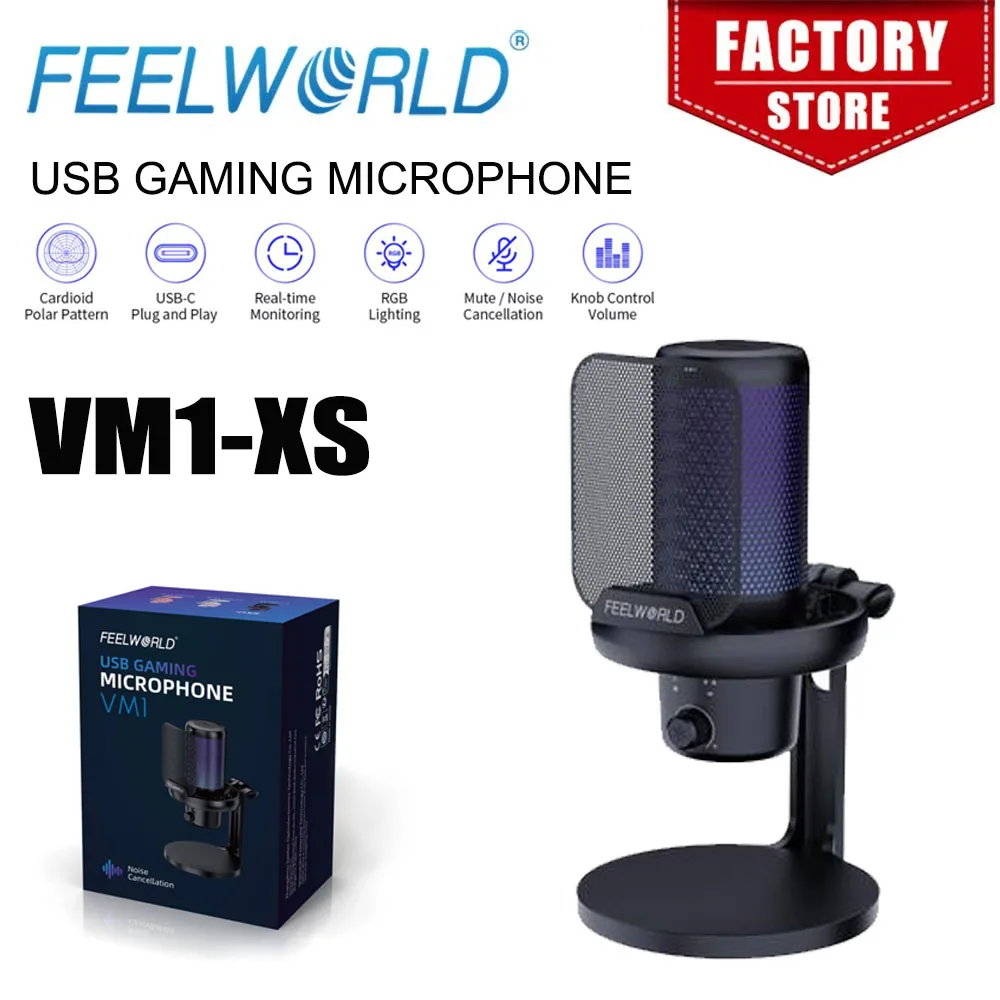 FEELWORLD VM1-XS Micrófono de juego de condensador USB para transmisión Cancelación de ruido Soporte de brazo de brazo de luz RGB silencioso