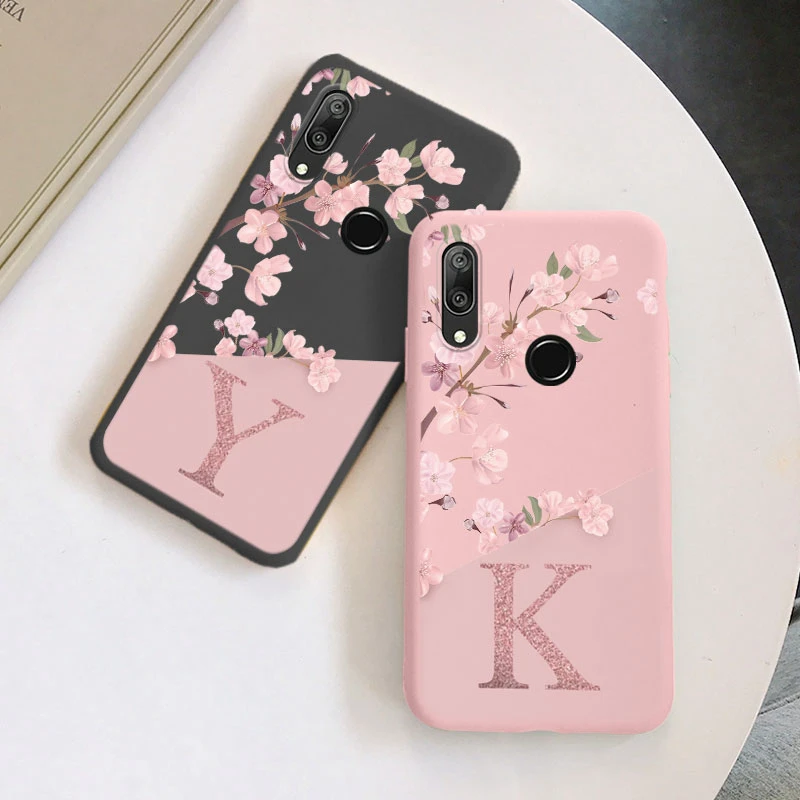 Funda de teléfono de silicona con letra inicial para Huawei Y7 Prime 2019, carcasa trasera de TPU suave con flor rosa Retro para Huawe Y7 2019 Capa - imagen 2