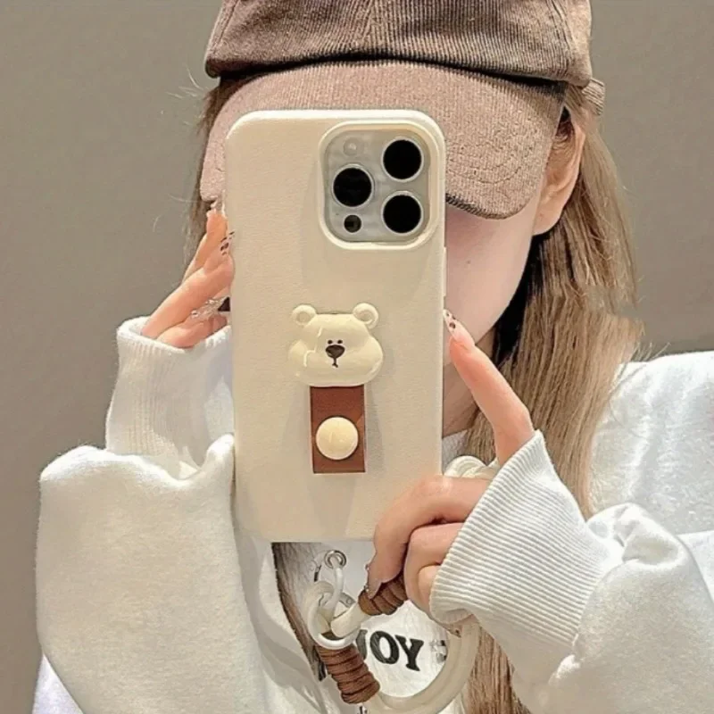 Funda de teléfono con textura de lichi y soporte para anillo de dedo de oso 3D bonito de Corea para iPhone 17 Pro Max 11 12 13 14 15 16 Plus 17 Air 16E - imagen 5