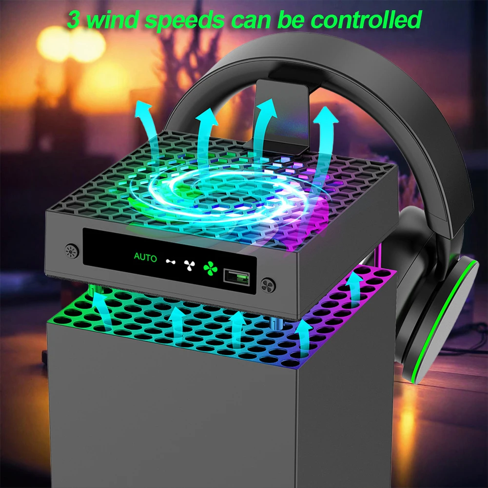 Ventilador de refrigeración RGB con soportes para auriculares, sistema de ventilador de refrigeración con control de temperatura, puerto USB, ventilador de disipación de calor para Xbox Series X - imagen 2