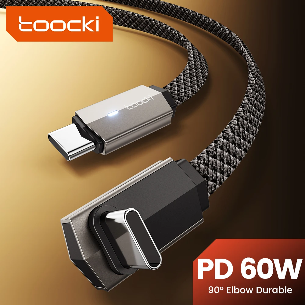 Toocki PD 60W Cable USB C Indicador LED 90 °   Cable de codo tipo C a tipo C para iPhone 15 16 Pro Max Xiaomi12 13 Samsung S23 S24