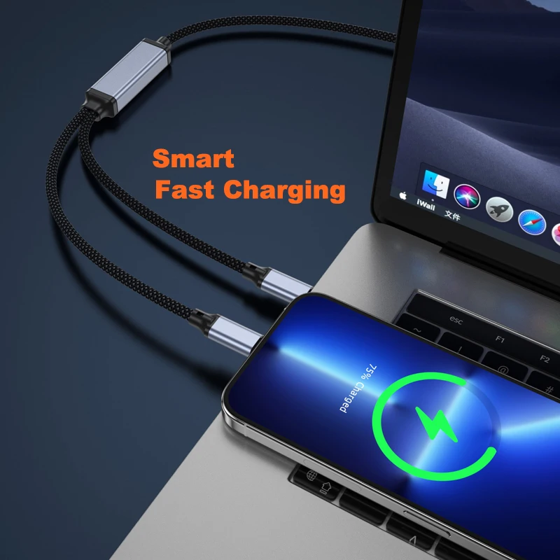 Cable PD 100W USB tipo C para iPhone 15 16 17 Pro 2 en 1 cargador de carga rápida USBC para Macbook Samsung Cable de datos divisor de energía - imagen 5