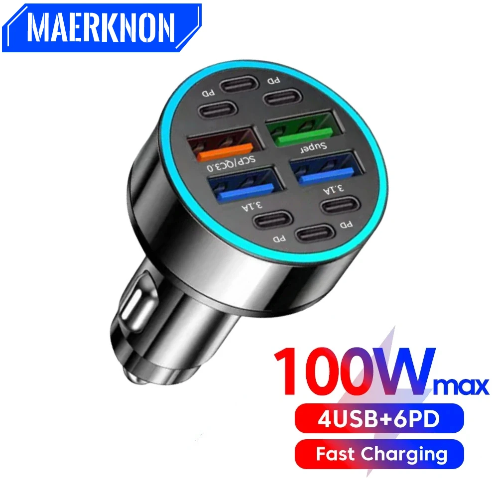 Cargador de coche USB tipo C, adaptador de cargador de teléfono de coche de carga rápida de 100W para iPhone, Samsung, Xiaomi, Huawei, cargador multipuerto en el coche