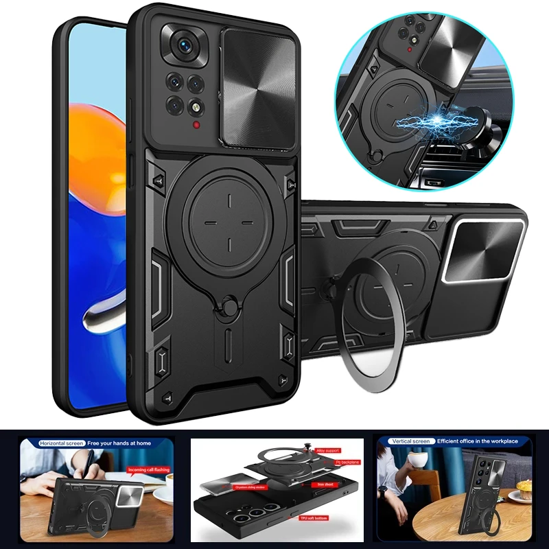 Funda de teléfono para Xiaomi Redmi Note 11 Pro, soporte de anillo magnético para coche, carcasa trasera, armadura de cámara deslizante