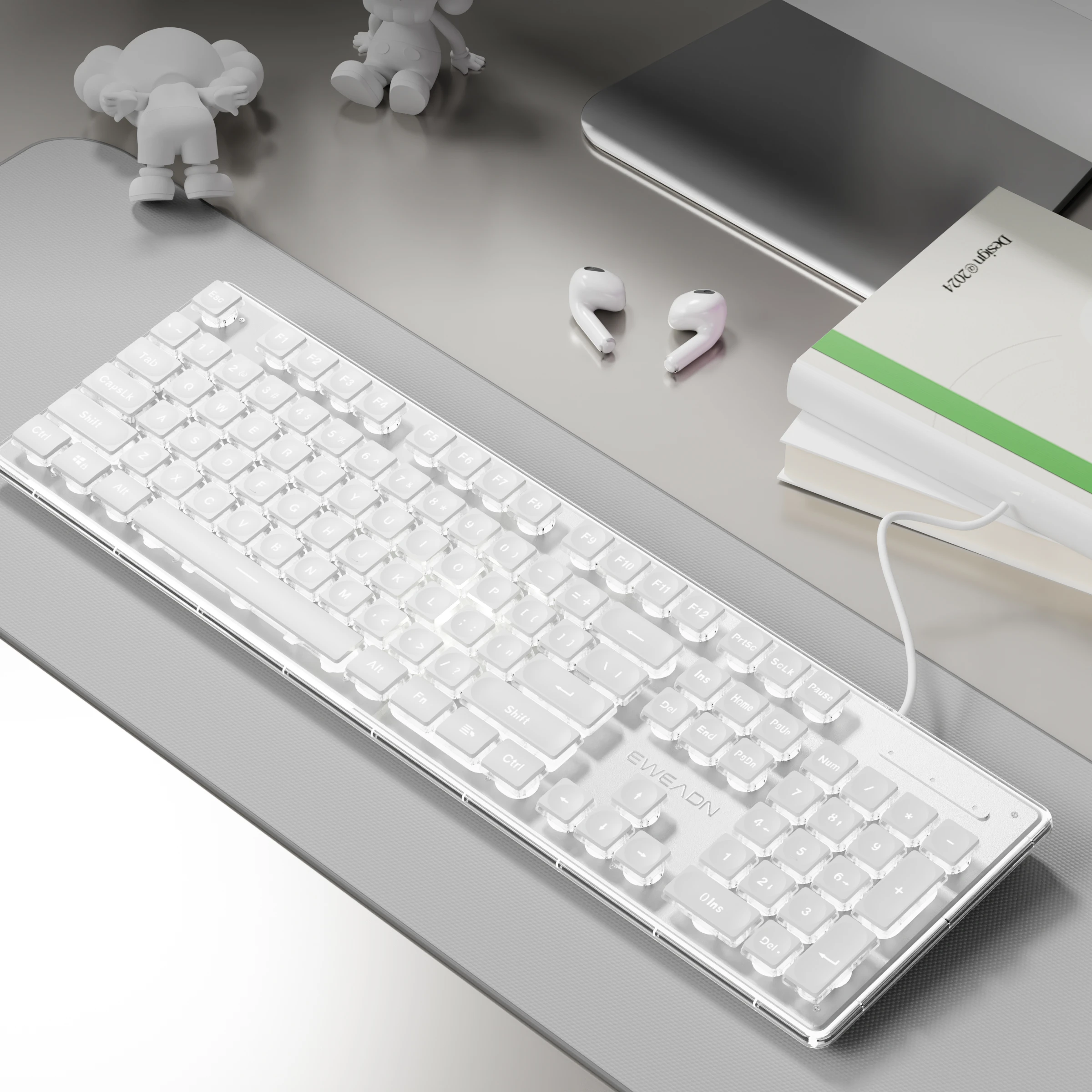 EWEADN Teclado silencioso de oficina con cable, retroiluminado blanco, USB de tamaño completo, panel totalmente metálico de 104 teclas, ergonómico, Windows/portátil/PC para juegos