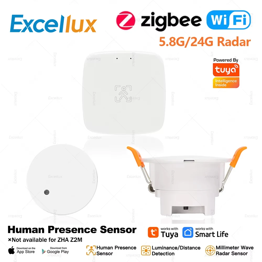 Excellux Tuya WiFi/Zigbee Sensor de presencia humana Detector de Radar Sensor de movimiento de microondas detección de luminancia automatización de vida inteligente