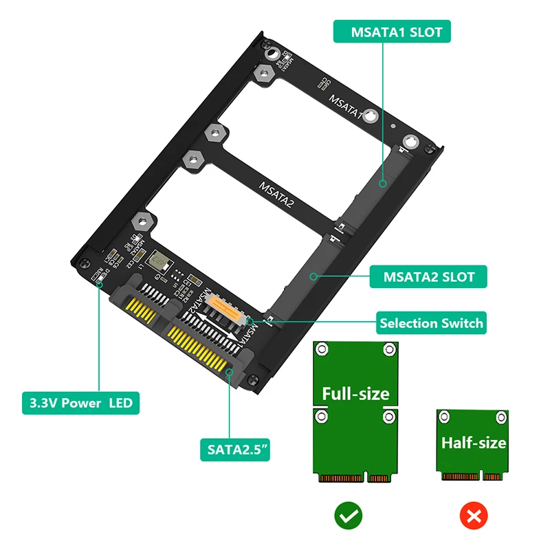 Con carcasa de Metal, carcasa de enchufe, adaptador mSATA a SATA, adaptador Riser mSATA SSD Dual mSATA SSD a tarjeta adaptadora SATA3.0 de 2,5 ", 6Gbps