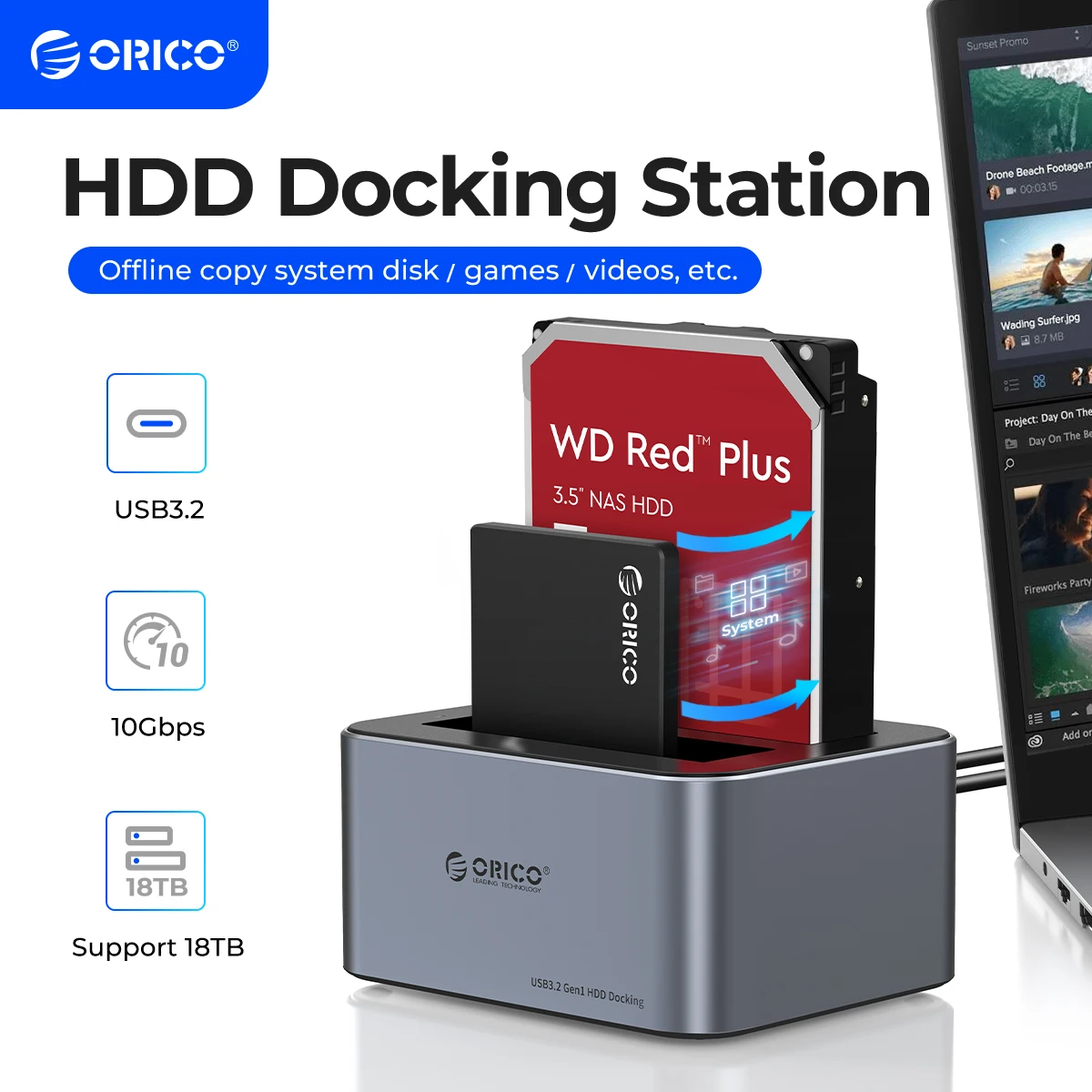 ORICO Estación Doble Bahía USB-C Aluminio 10Gbps Clon Sin Conexión