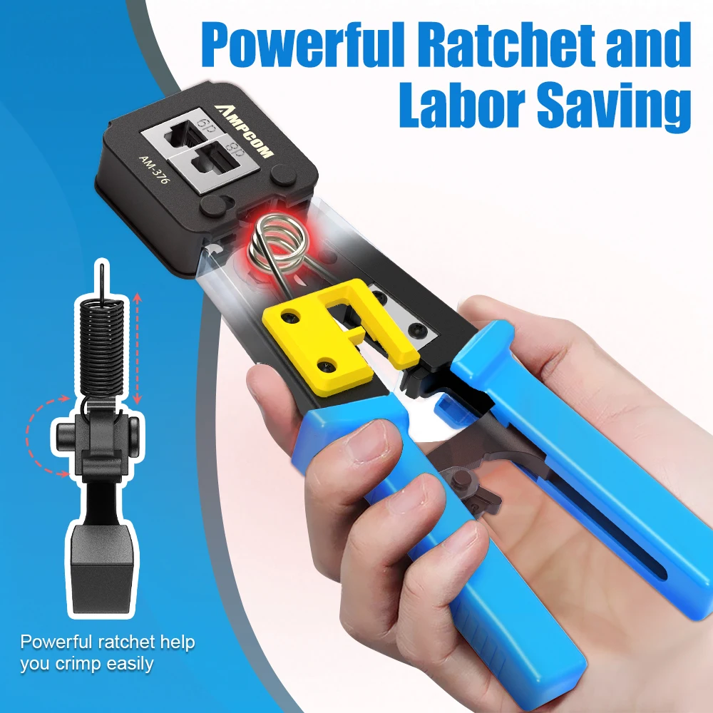 AMPCOM RJ45 herramienta de engarzado paso a través de Cat5 Cat5e Cat6 cortador pelador para RJ45 RJ12 RJ11 8P 6P conector de paso final - imagen 4