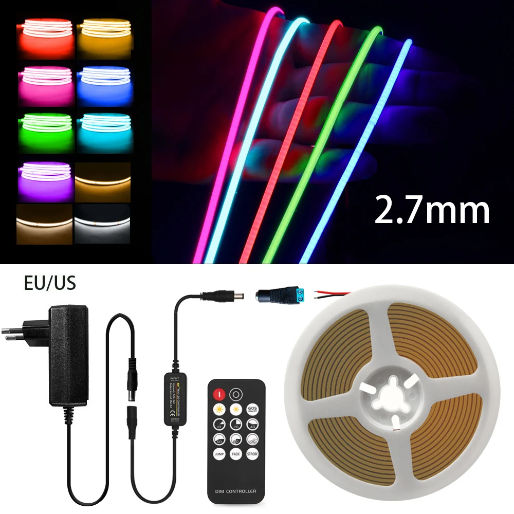 Kit completo de tira de luces LED COB multicolor con Control remoto de 2,7mm para decoración de habitación DIY azul/rosa/rojo juego de luces de cinta LED de alta densidad DC 12V - imagen 2
