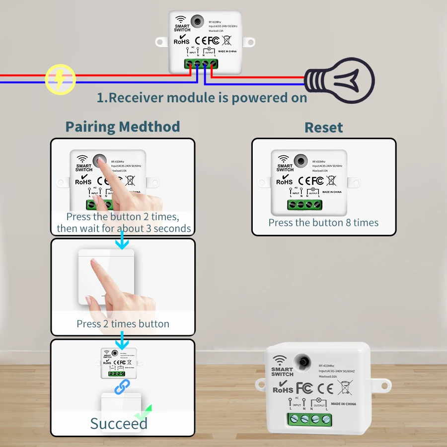 Interruptor de encendido y apagado inalámbrico, módulo RF433, interruptor de luz de Control remoto, interruptor de pared de 1/2/3 entradas para lámpara de bombilla, 10A, 110V, 220V - imagen 4