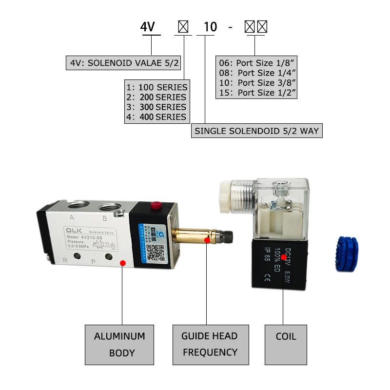 4V210-08 4v110-06 Válvula de aire neumática de 5 vías 5/2 electromagnética DC12V DC24V Controlador de válvulas solenoides AC110V AC220V 4V310-10 - imagen 2