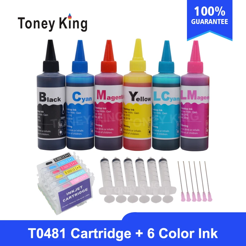 Toney King T0481 cartuchos de tinta para tinte para impresora Epson Stylus Photo R200 R220 R320 R340 RX500 RX60 + botella de tinta para 6 × 100ml