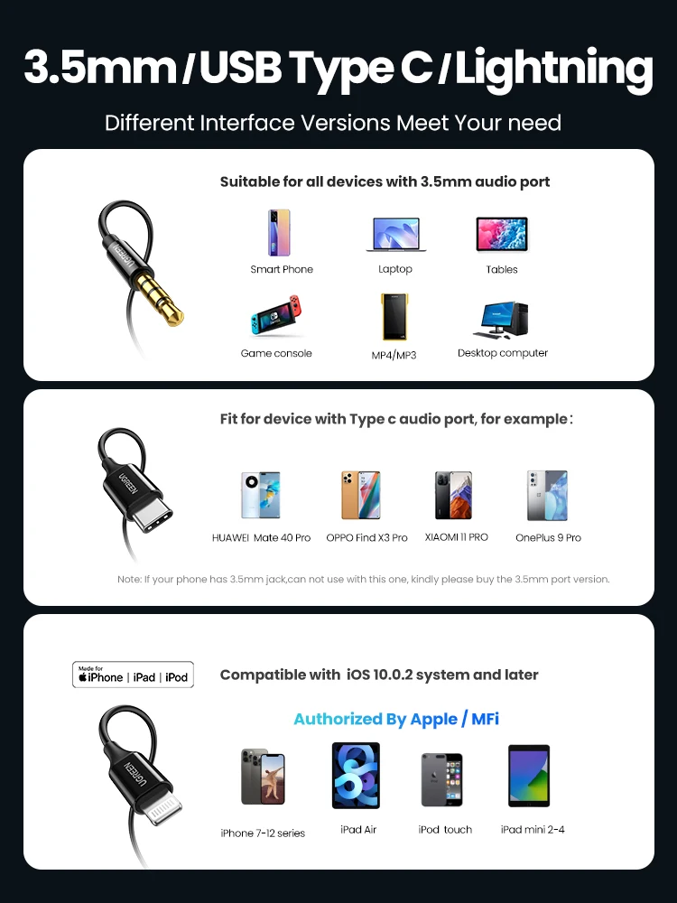 UGREEN-auriculares con cable USB tipo C, audífonos con cable Aux de 3,5mm, micrófono con aislamiento de ruido y Control de volumen para Android MP3/MP4 - imagen 4