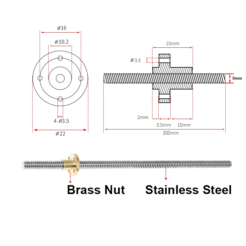 CNC impresora 3D T8 tornillo de avance rosca de varilla trapezoidal 8mm plomo 8mm longitud 100mm200mm300mm400mm500mm con tuerca de latón - imagen 3