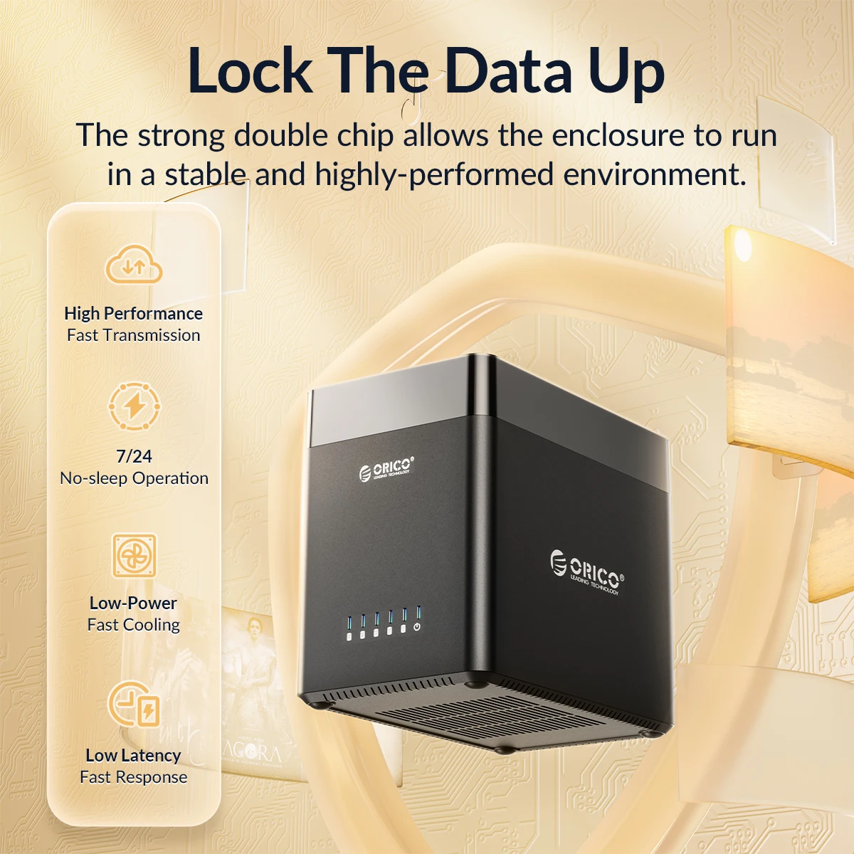 Caja ORICO con indicadores LED encendidos