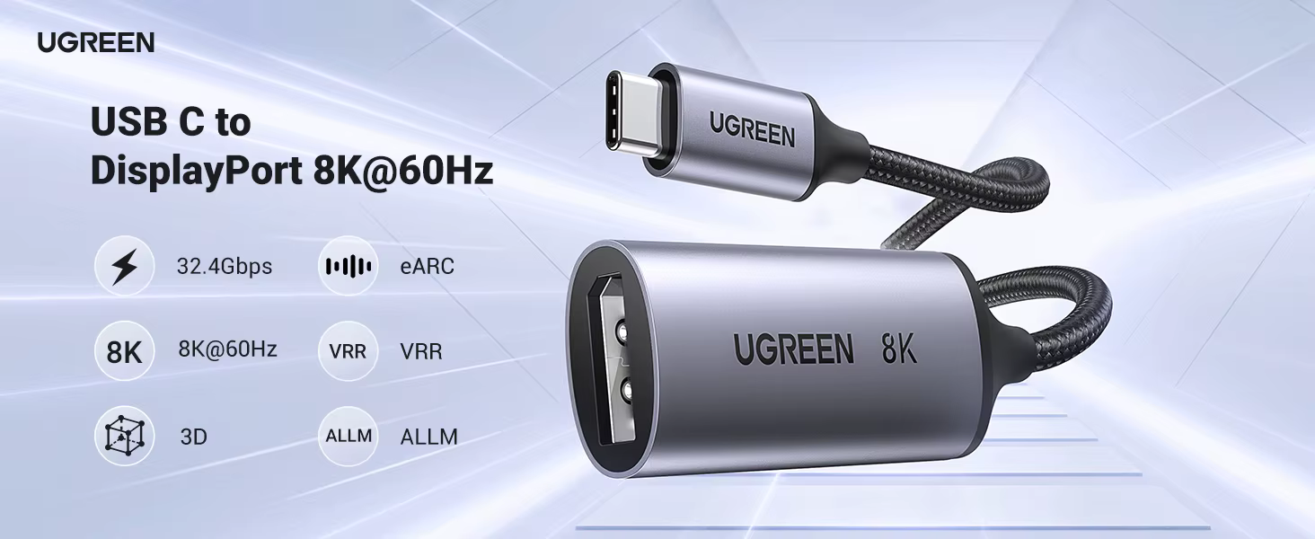 Adaptador UGREEN USB-C a DisplayPort 8K visto desde diferentes ángulos