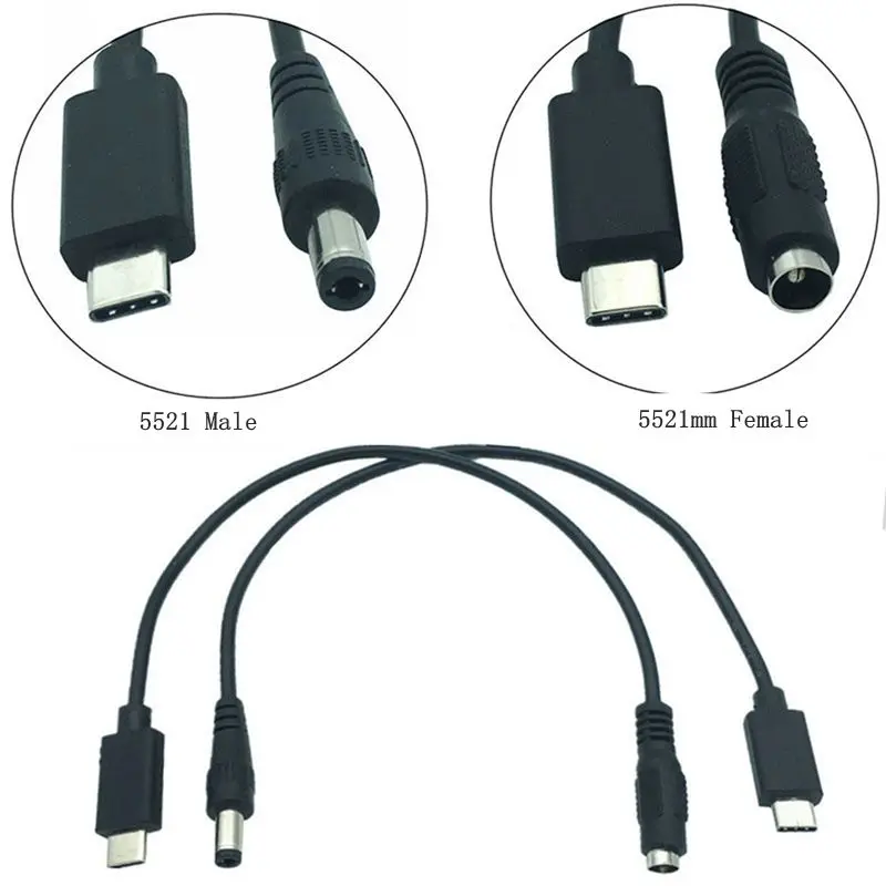 Vista frontal del adaptador mostrando el conector DC hembra y el USB tipo C macho