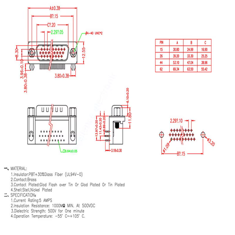 Conector D-Sub DB26 macho de 26 pines en ángulo recto
