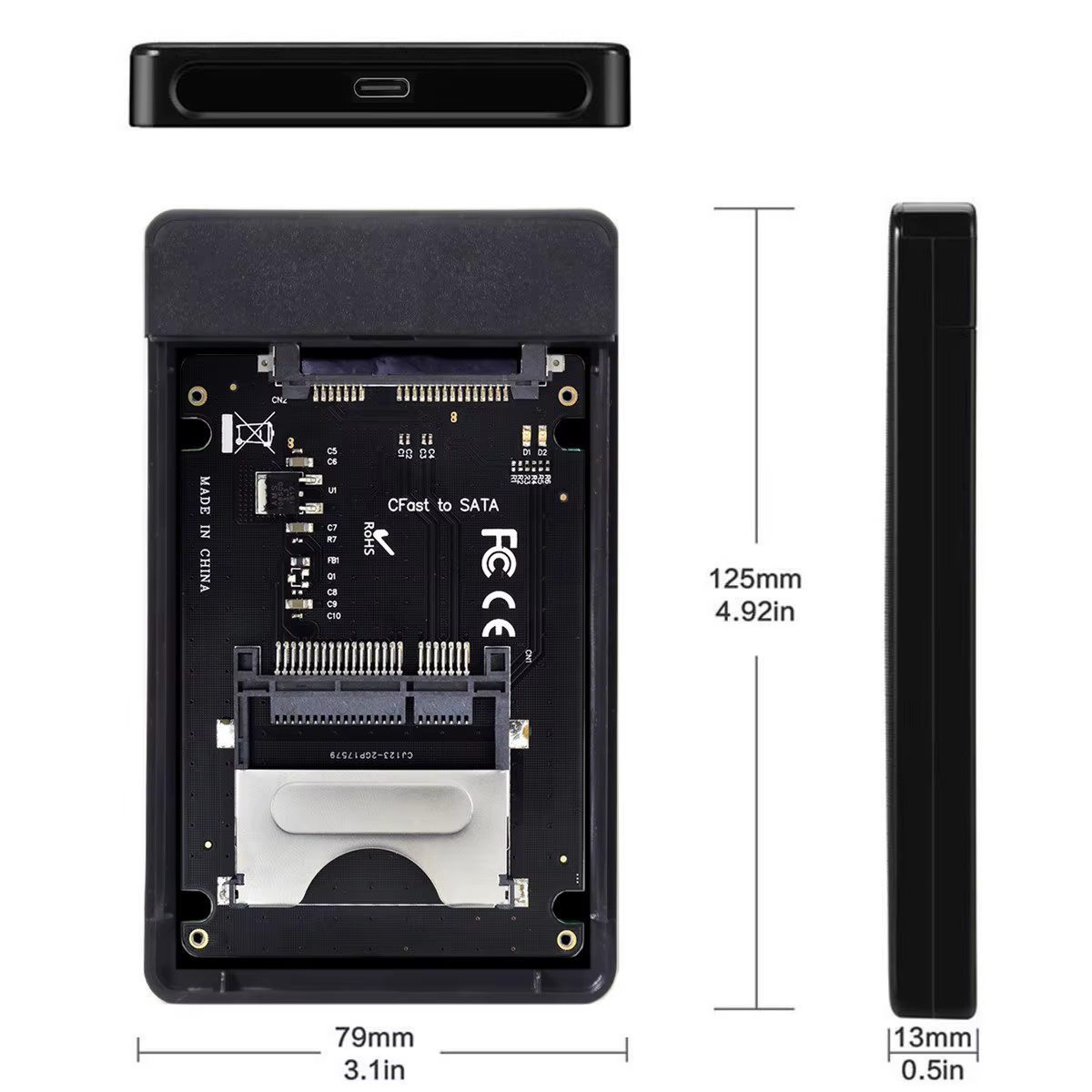 Detalle del adaptador SATA a CFast conectado a cable USB3.0
