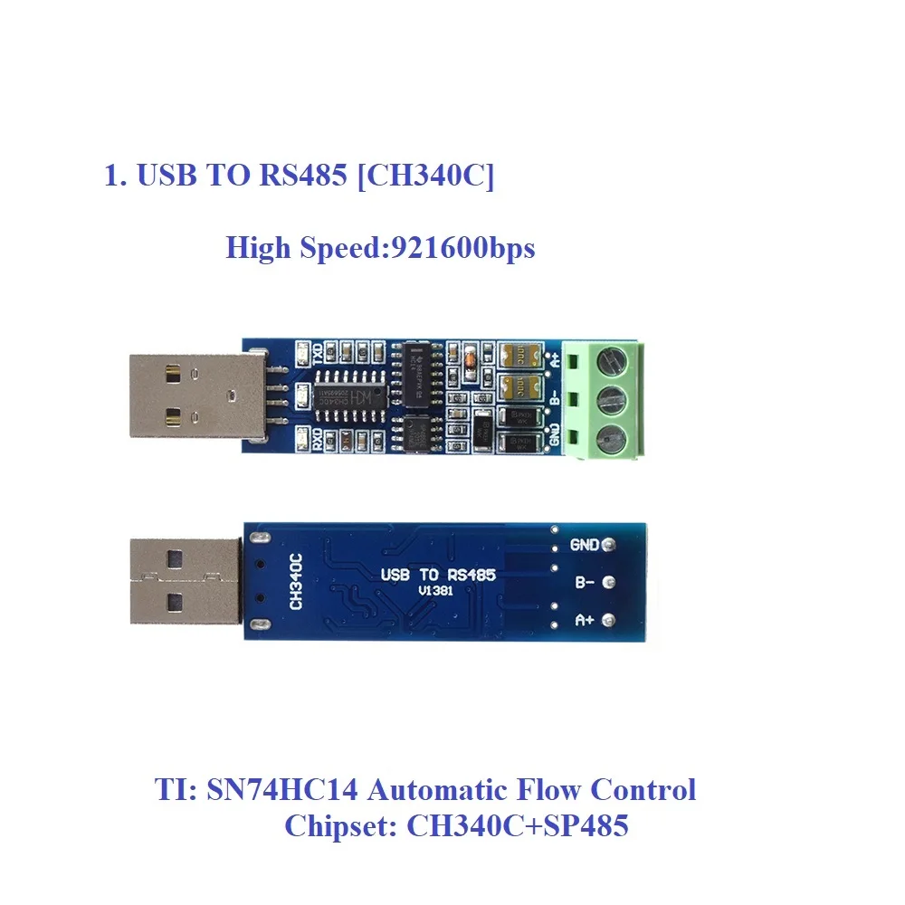 Vista frontal del adaptador mostrando conectores USB y terminales