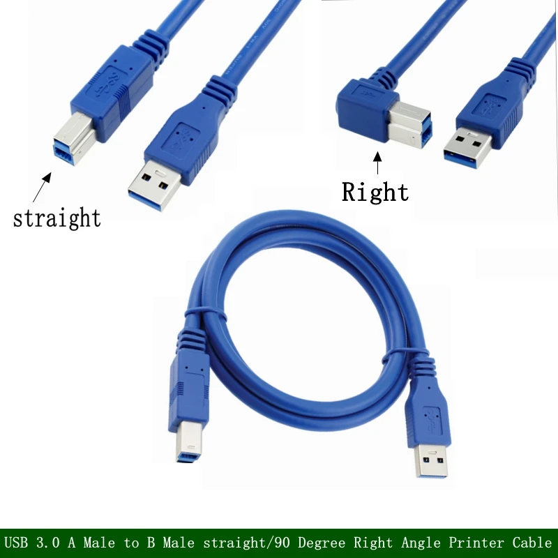 Cable USB 3.0 con conector tipo B de 90 grados conectado a una impresora