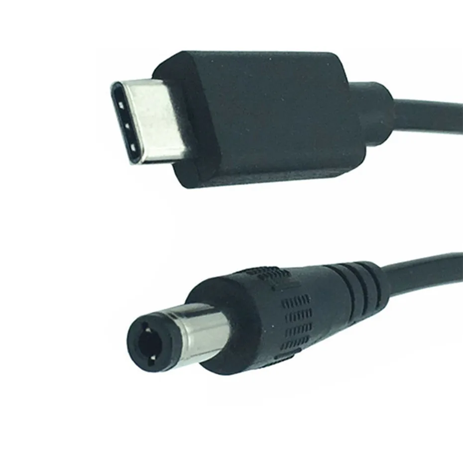 Detalle del conector DC de 5,5 × 2,1 mm y el conector USB tipo C macho