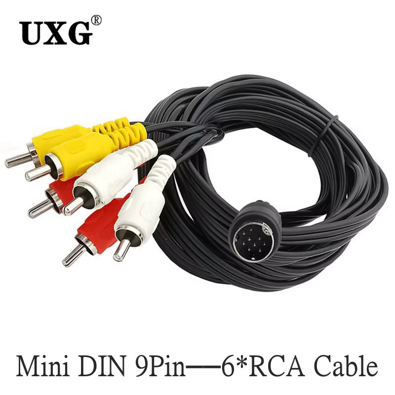 Vista frontal del cable UXG Mini DIN 9 pines a 6 RCA