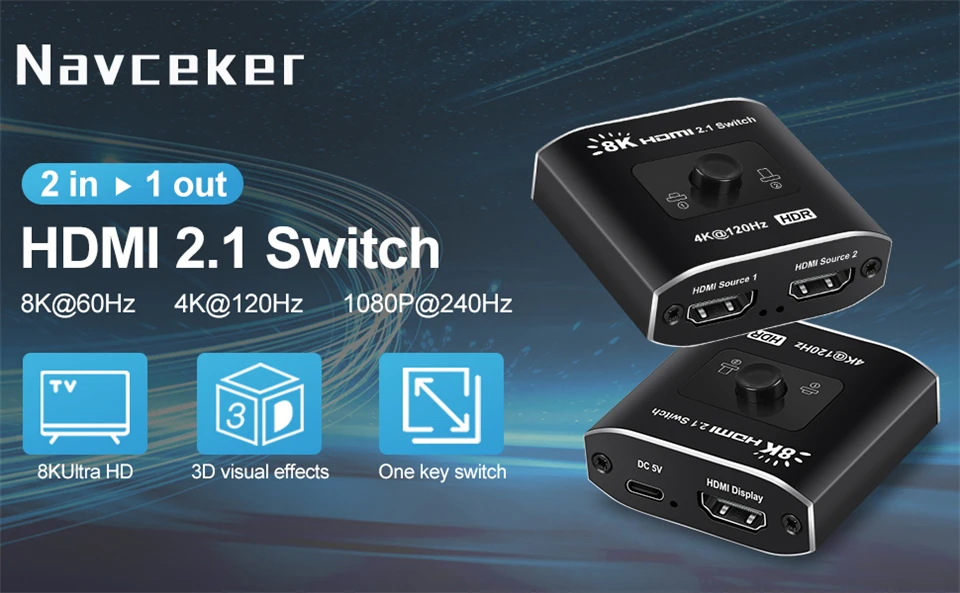Vista frontal del conmutador HDMI 2.1 Navceker