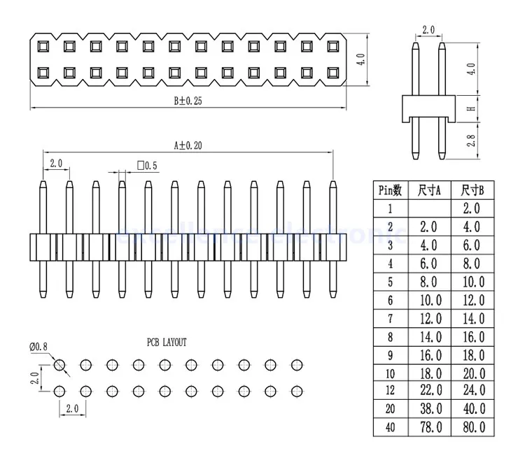 Pines de cabezal macho de 2,0mm en varias configuraciones
