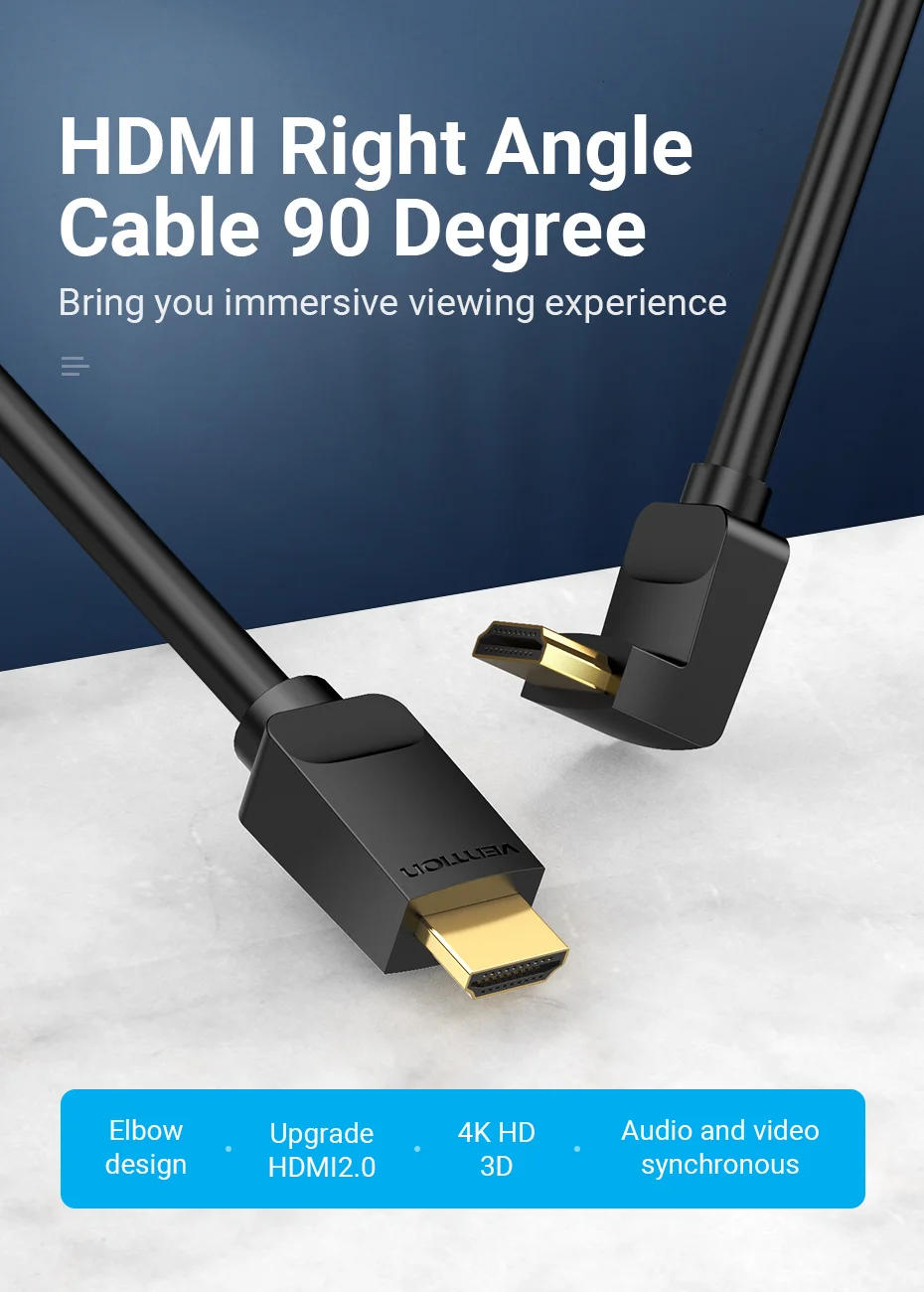 Cable HDMI Vention en ángulo de 90 grados conectado a un televisor