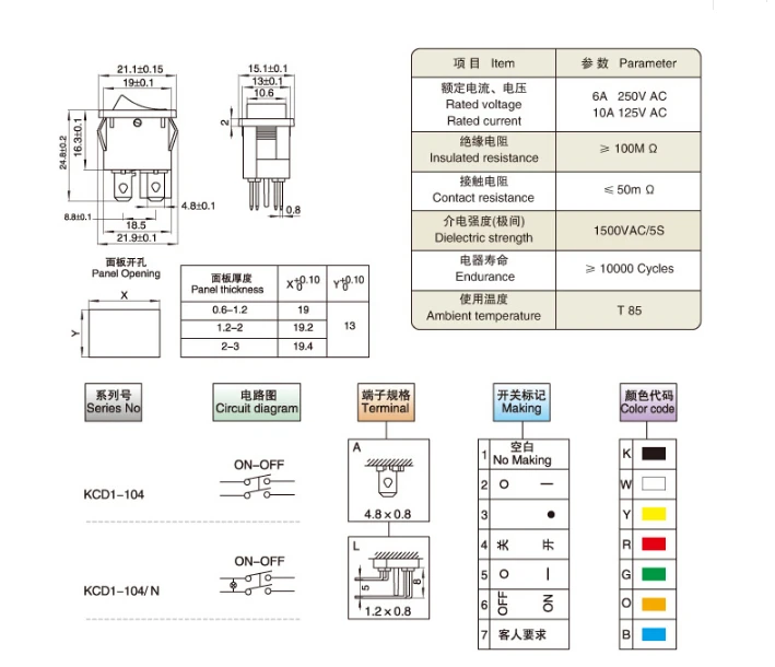 Interruptor basculante KCD1 visto de frente