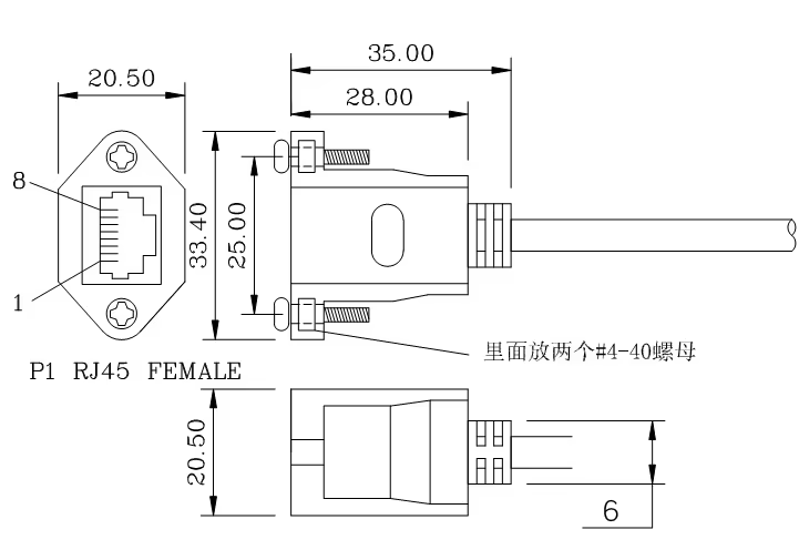 Vista frontal del conector macho y hembra con tornillos