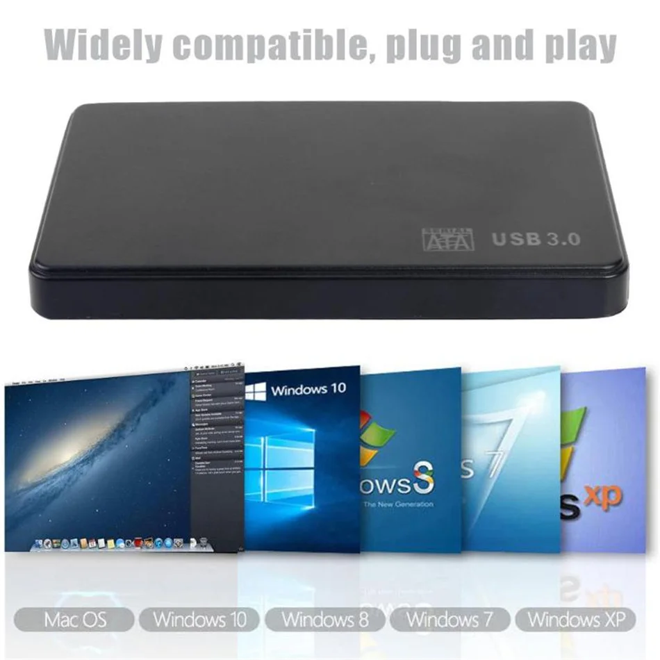 Vista frontal de la caja de disco duro negra con puerto USB 3.0