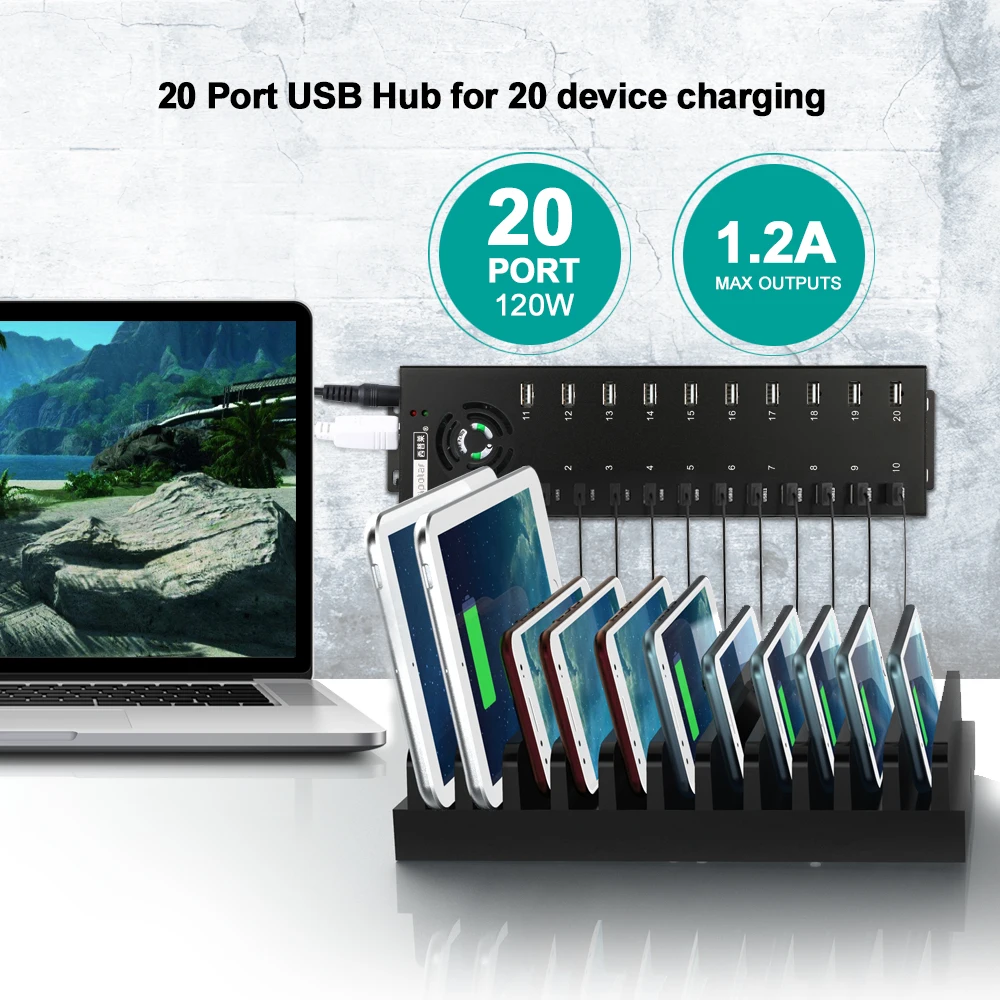 Hub USB 20 Puertos con Cargador 12V/10A – Carga y Sincronización