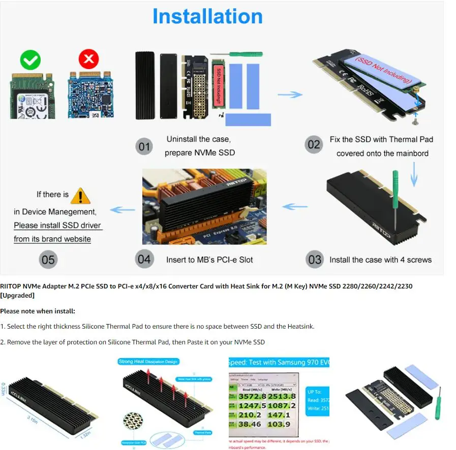 Adaptador NVMe Ninth World con disipador frontal