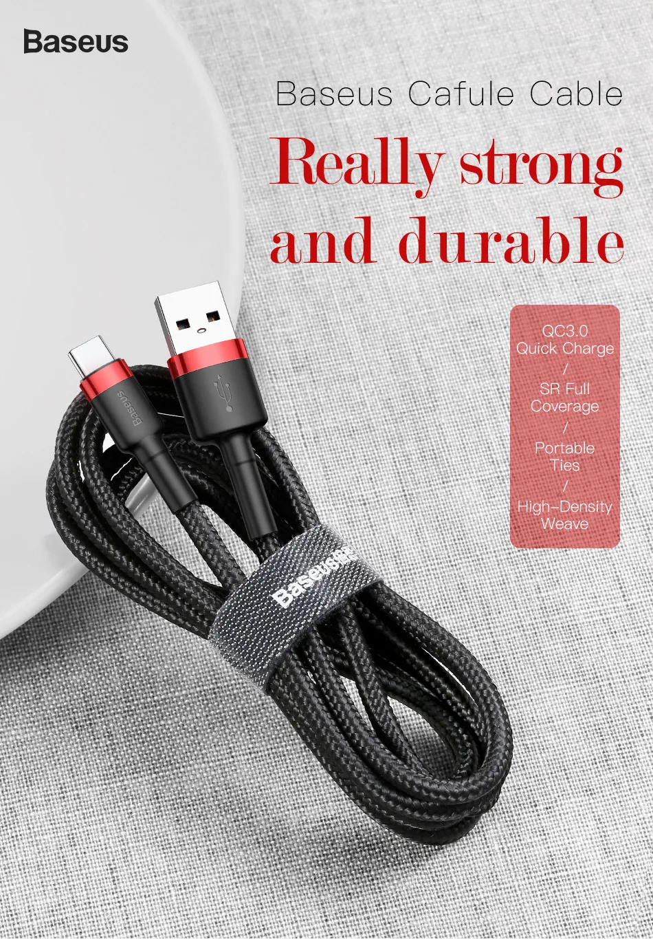 Cable Baseus USB-C conectado a un smartphone
