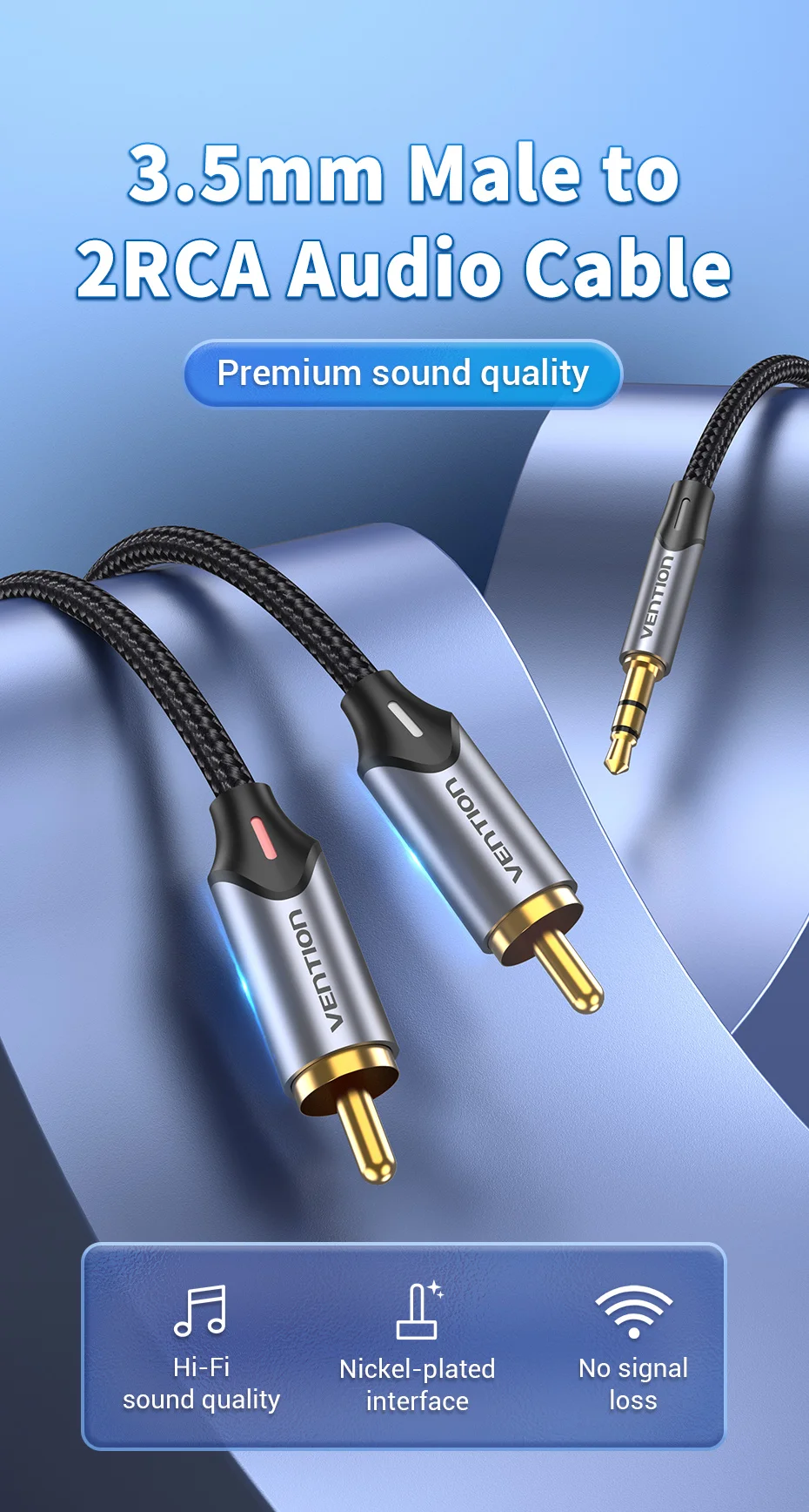 Cable RCA 3,5 mm a 2RCA Vention - vista del cable