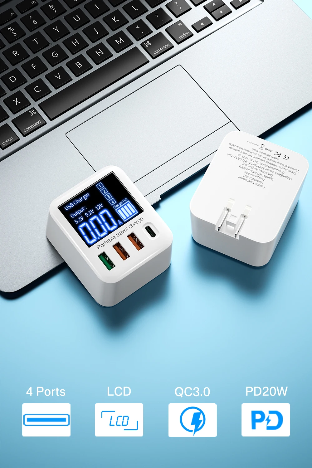 Vista frontal del cargador con puertos USB-C y USB-A