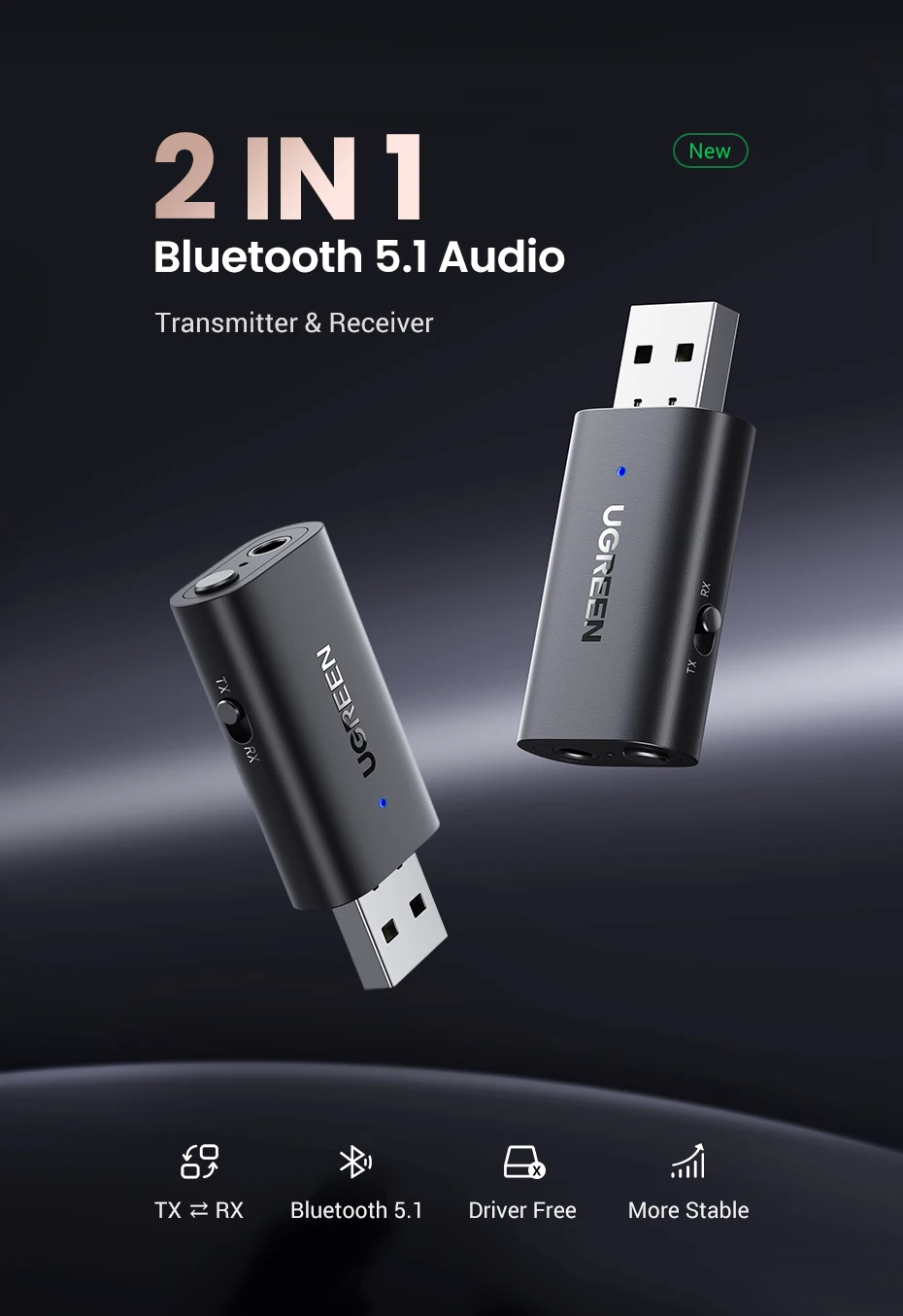 Adaptador UGREEN Bluetooth 5.1 coche vista frontal